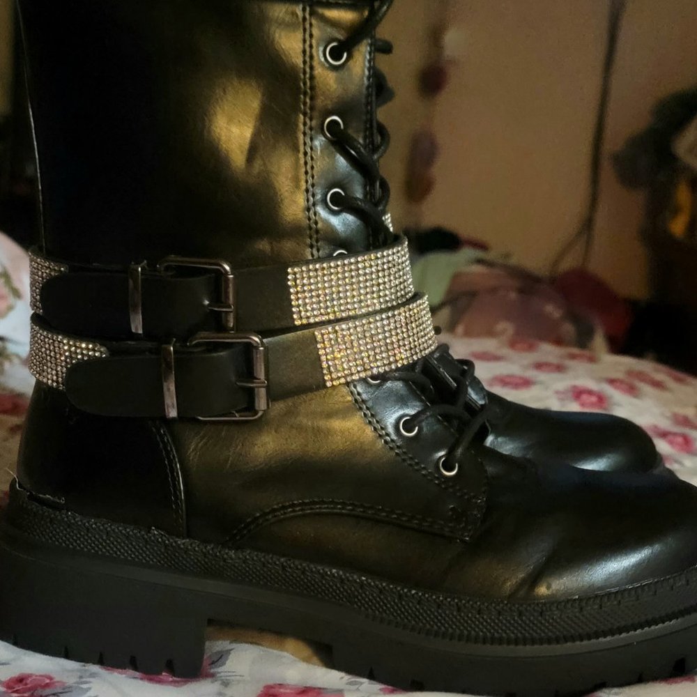 Combat style boots with rhinestones